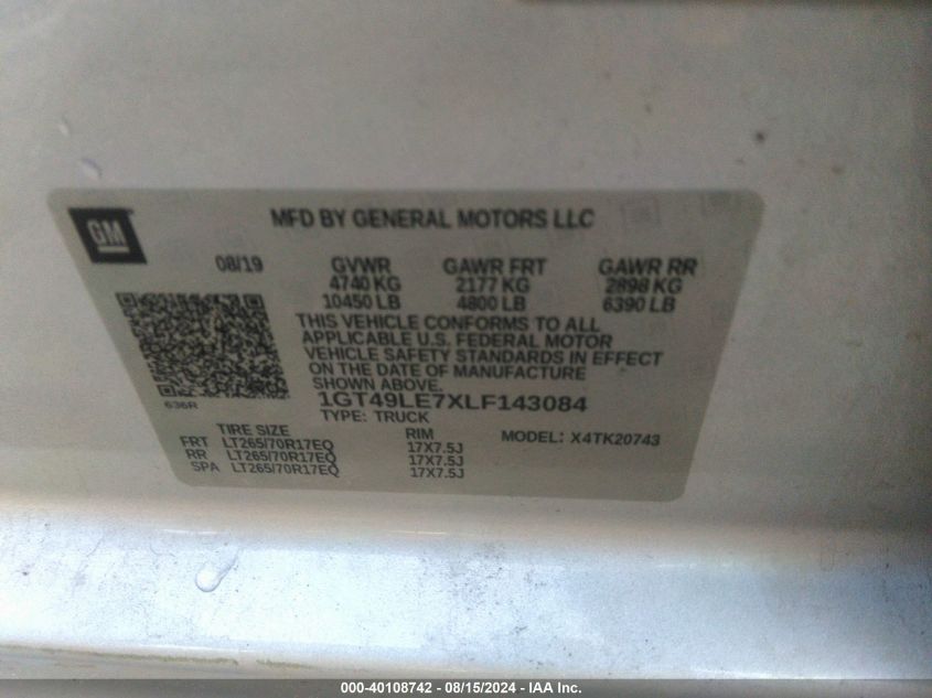2020 GMC Sierra K2500 Heavy Duty VIN: 1GT49LE7XLF143084 Lot: 40108742
