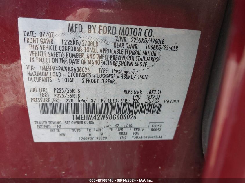 2008 Mercury Sable Premier VIN: 1MEHM42W98G606026 Lot: 40108748