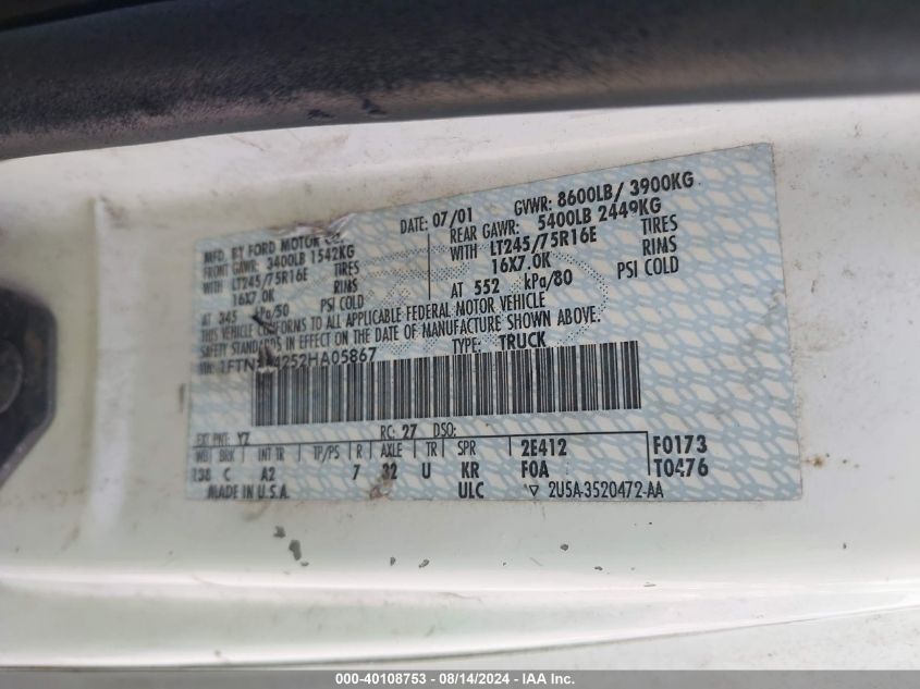 2002 Ford Econoline E250 Van VIN: 1FTNS24252HA05867 Lot: 40108753