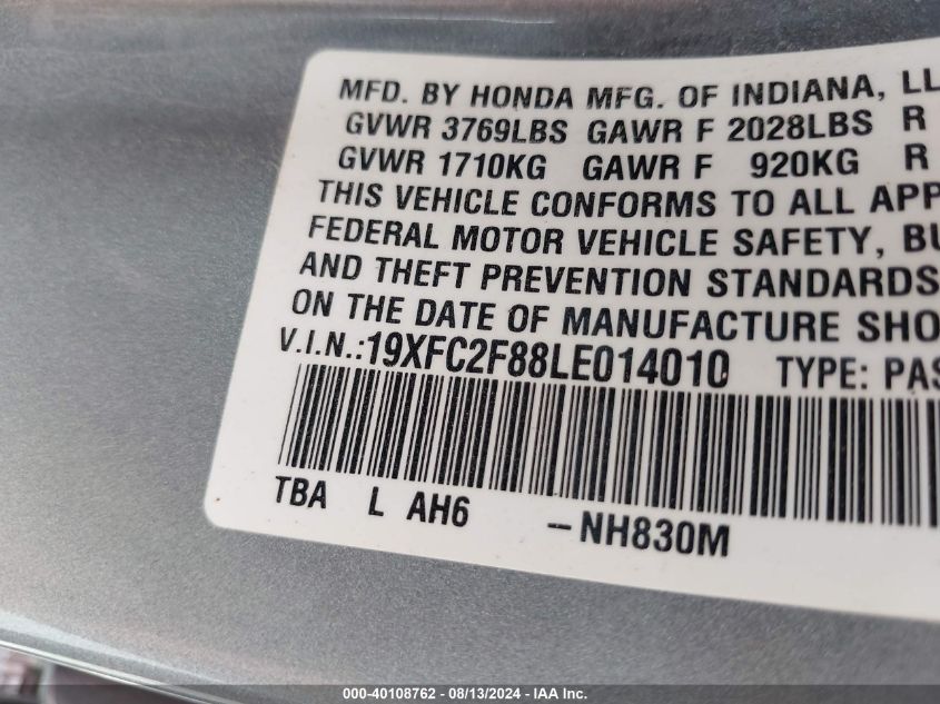 2020 Honda Civic Sport VIN: 19XFC2F88LE014010 Lot: 40108762