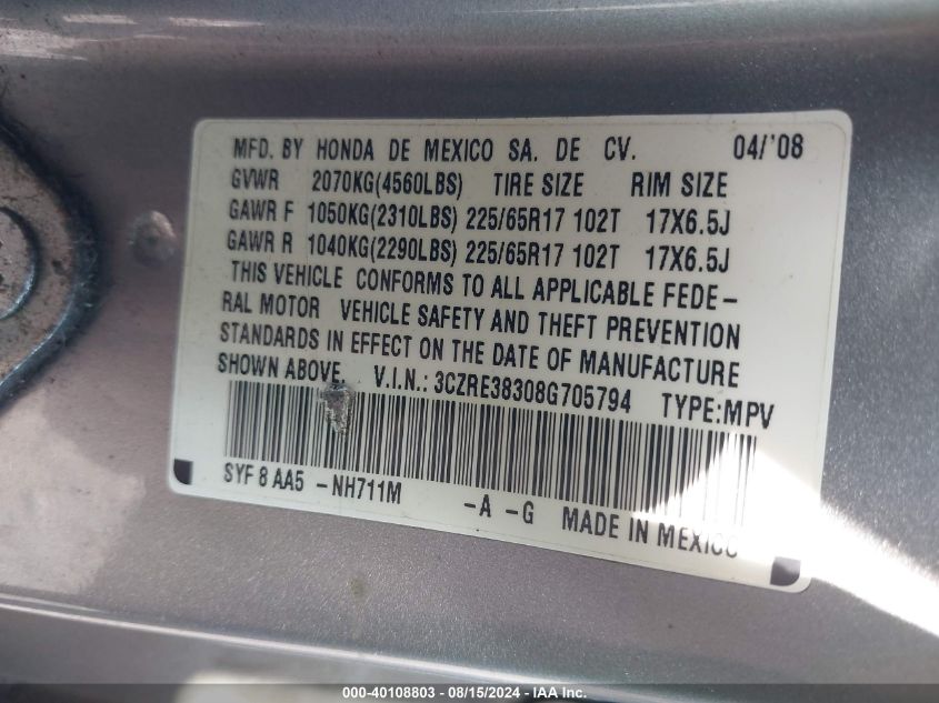 2008 Honda Cr-V Lx VIN: 3CZRE38308G705794 Lot: 40108803