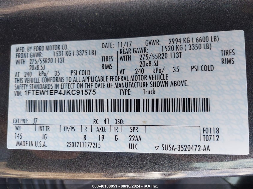 VIN 1FTEW1EP4JKC91575 2018 FORD F-150 XL