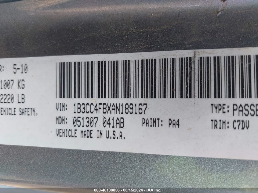 2010 Dodge Avenger Sxt VIN: 1B3CC4FBXAN189167 Lot: 40108856