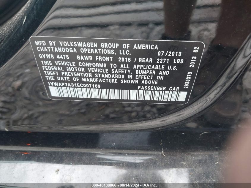 2014 Volkswagen Passat 2.5L Wolfsburg Edition VIN: 1VWAP7A31EC007169 Lot: 40108866