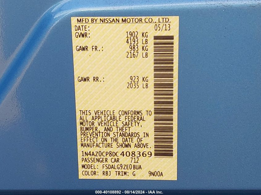 2013 Nissan Leaf Sl VIN: 1N4AZ0CP8DC408369 Lot: 40108892