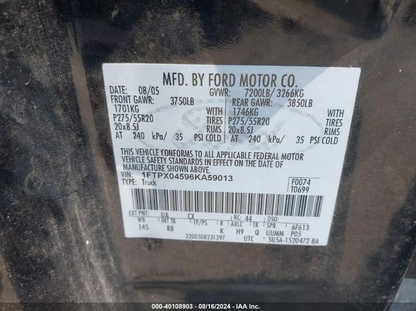 2006 Ford F-150 Fx4/Xlt VIN: 1FTPX04596KA59013 Lot: 40108903