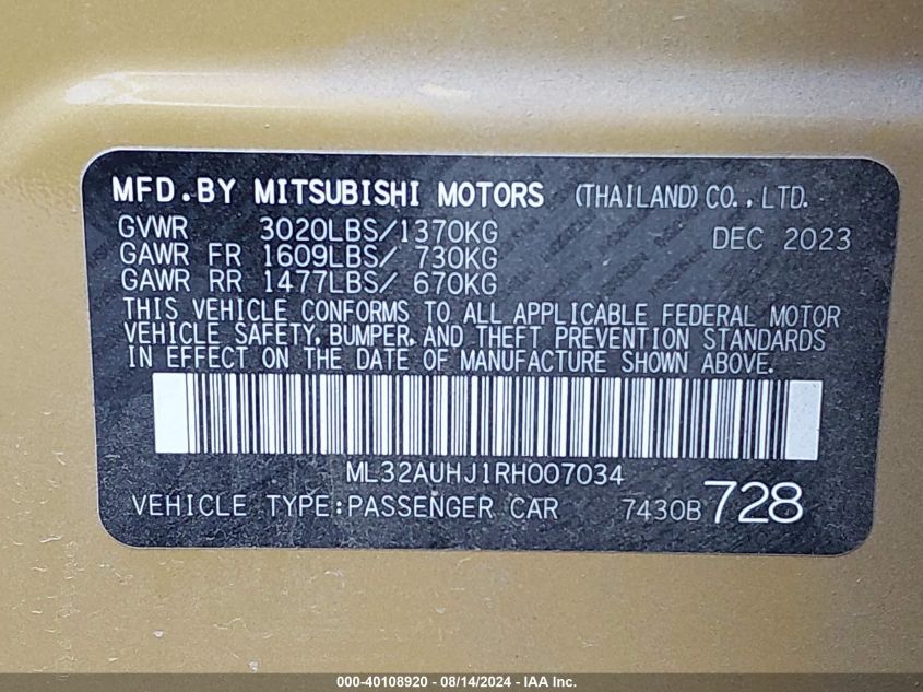 2024 Mitsubishi Mirage Es/Le VIN: ML32AUHJ1RH007034 Lot: 40108920