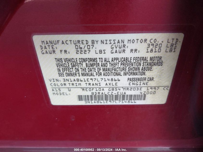 2007 Nissan Sentra 2.0 VIN: 3N1AB61E97L714866 Lot: 40108952