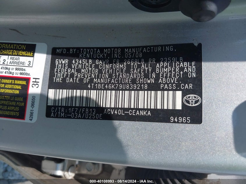 2009 Toyota Camry Le VIN: 4T1BE46K79U839218 Lot: 40108993