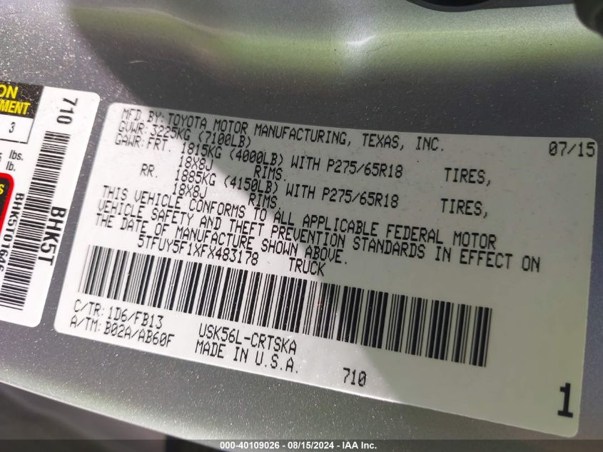 5TFUY5F1XFX483178 2015 Toyota Tundra Sr5 5.7L V8