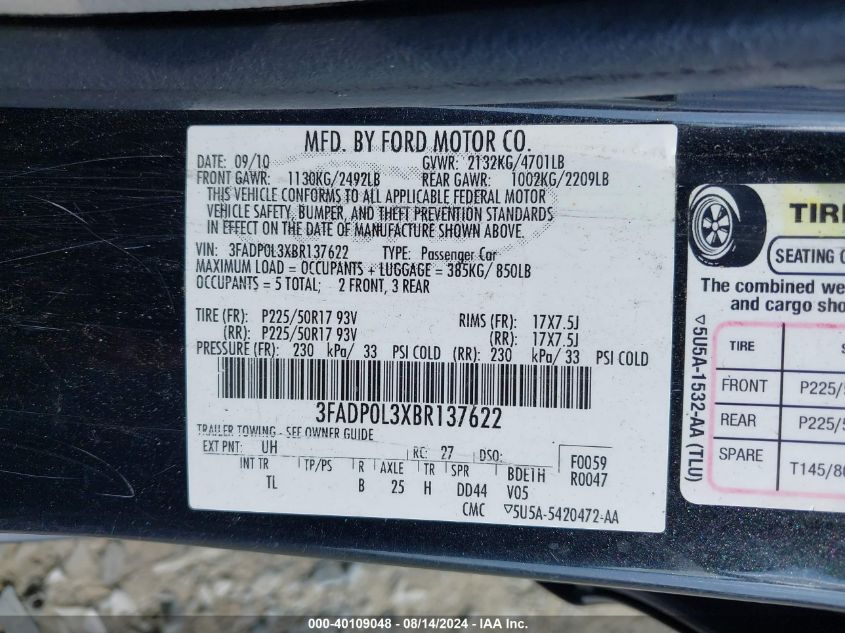 2011 Ford Fusion Hybrid VIN: 3FADP0L3XBR137622 Lot: 40109048