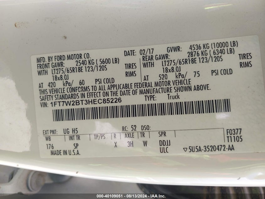 2017 Ford F-250 King Ranch VIN: 1FT7W2BT3HEC85226 Lot: 40109051