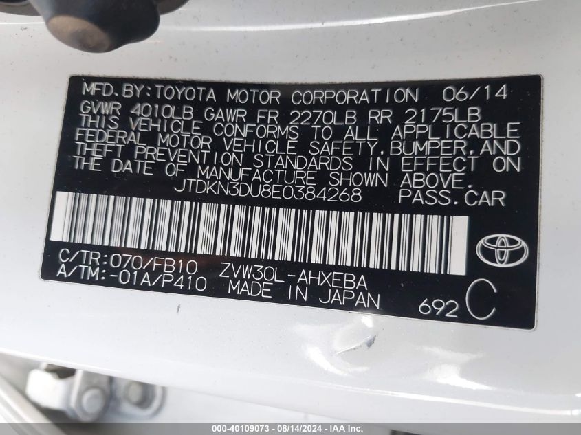 JTDKN3DU8E0384268 2014 Toyota Prius Three