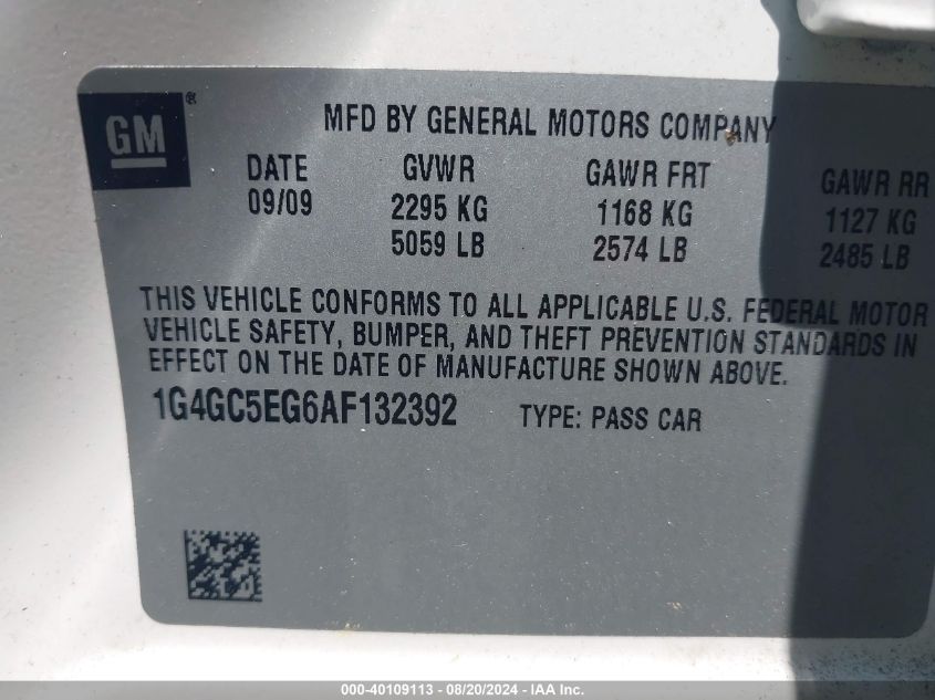 2010 Buick Lacrosse Cxl VIN: 1G4GC5EG6AF132392 Lot: 40109113