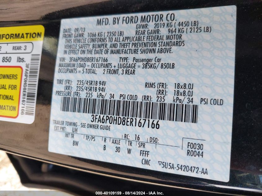 2014 Ford Fusion Se VIN: 3FA6P0HD8ER167166 Lot: 40109159