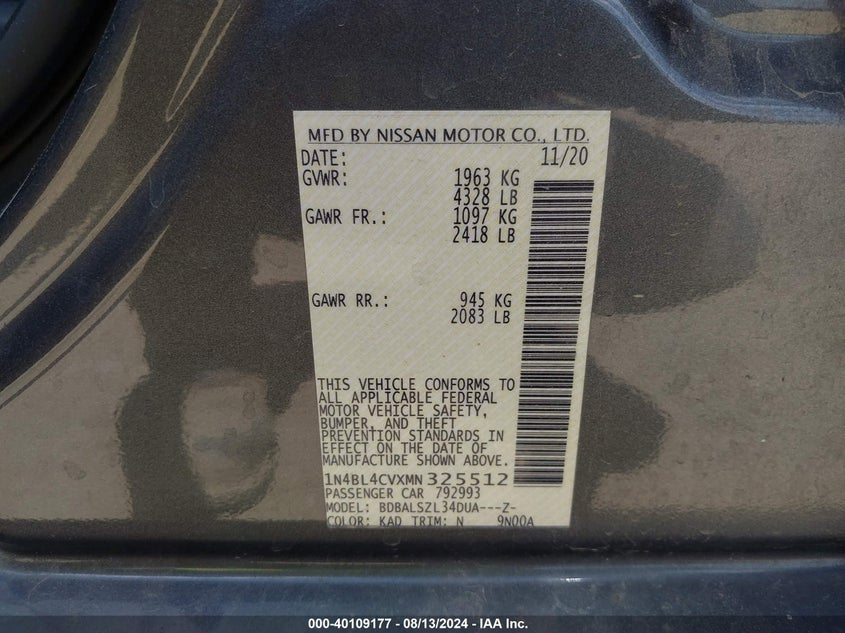 2021 Nissan Altima Sr Fwd VIN: 1N4BL4CVXMN325512 Lot: 40109177