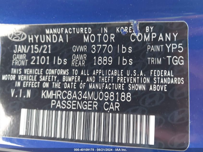 KMHRC8A34MU098188 2021 Hyundai Venue Sel/Denim