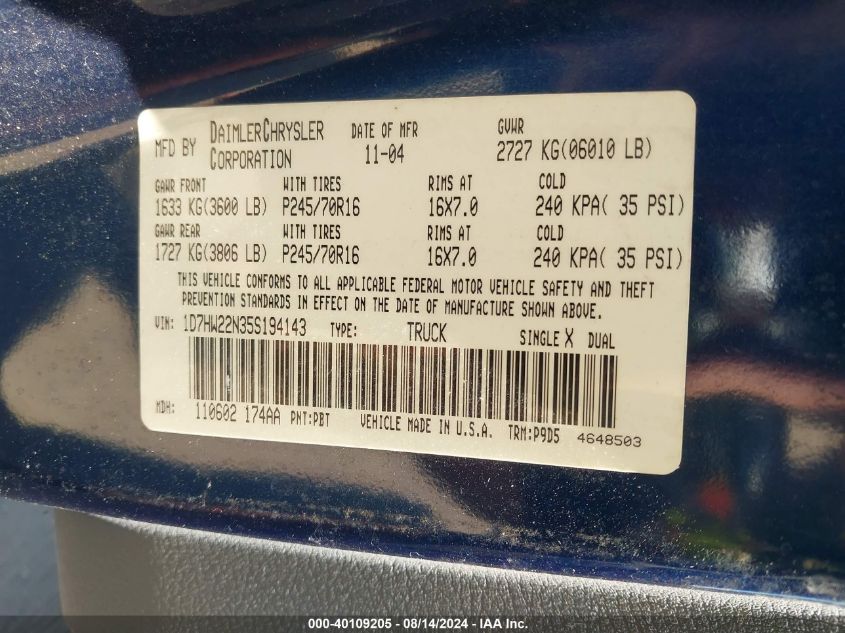 2005 Dodge Dakota St VIN: 1D7HW22N35S194143 Lot: 40109205