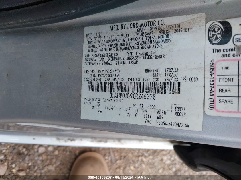 2012 Ford Fusion Sel VIN: 3FAHP0JG9CR246338 Lot: 40109207