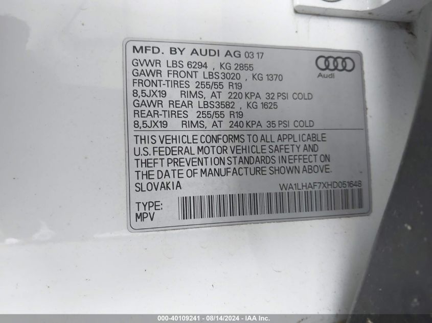 WA1LHAF7XHD051648 2017 Audi Q7 2.0T Premium