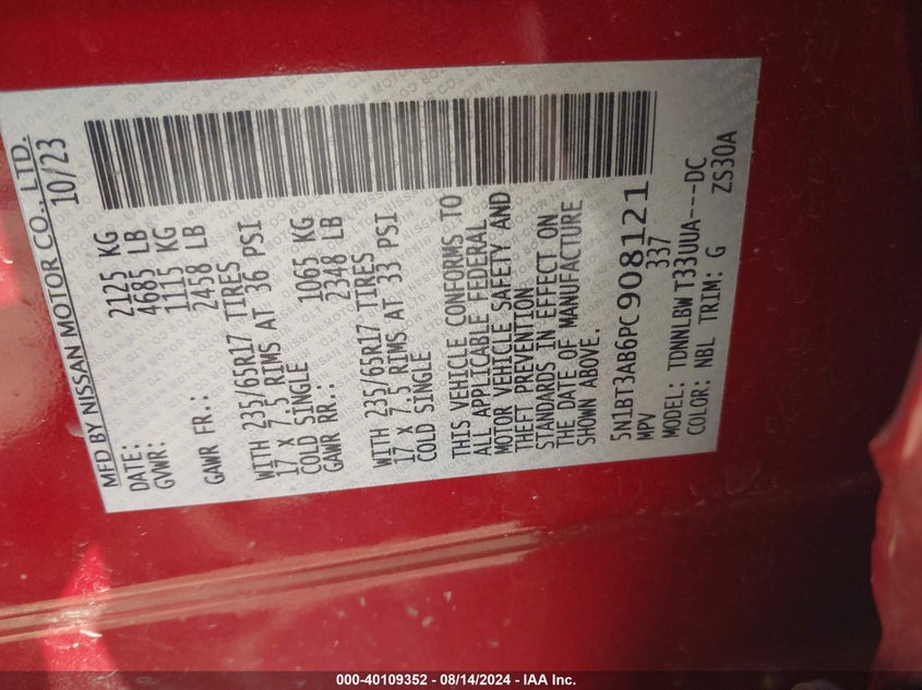 2023 Nissan Rogue S VIN: 5N1BT3AB6PC908121 Lot: 40109352