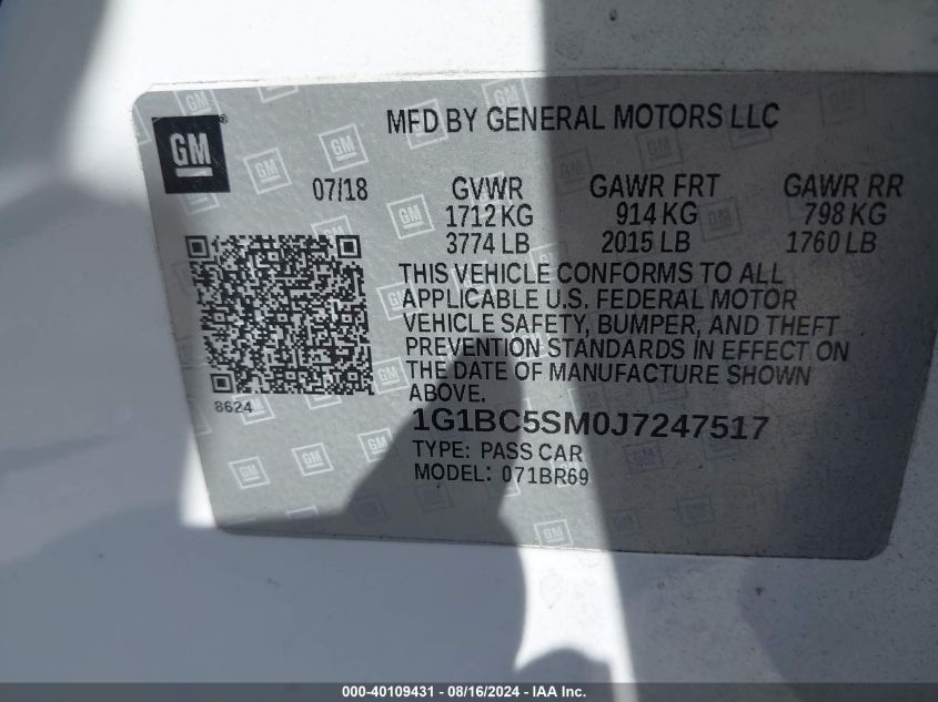 2018 Chevrolet Cruze Ls VIN: 1G1BC5SM0J7247517 Lot: 40109431
