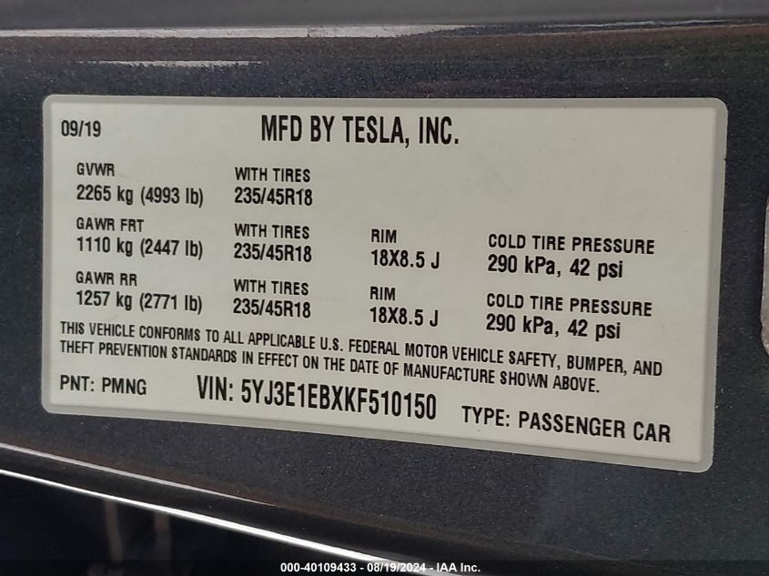 2019 TESLA MODEL 3 LONG RANGE/PERFORMANCE - 5YJ3E1EBXKF510150