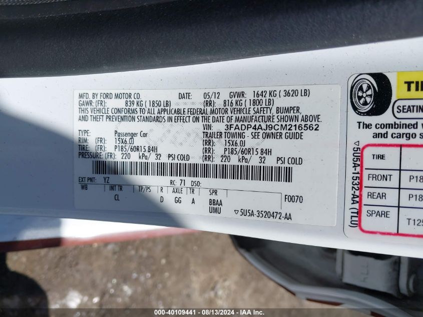 2012 Ford Fiesta S VIN: 3FADP4AJ9CM216562 Lot: 40109441