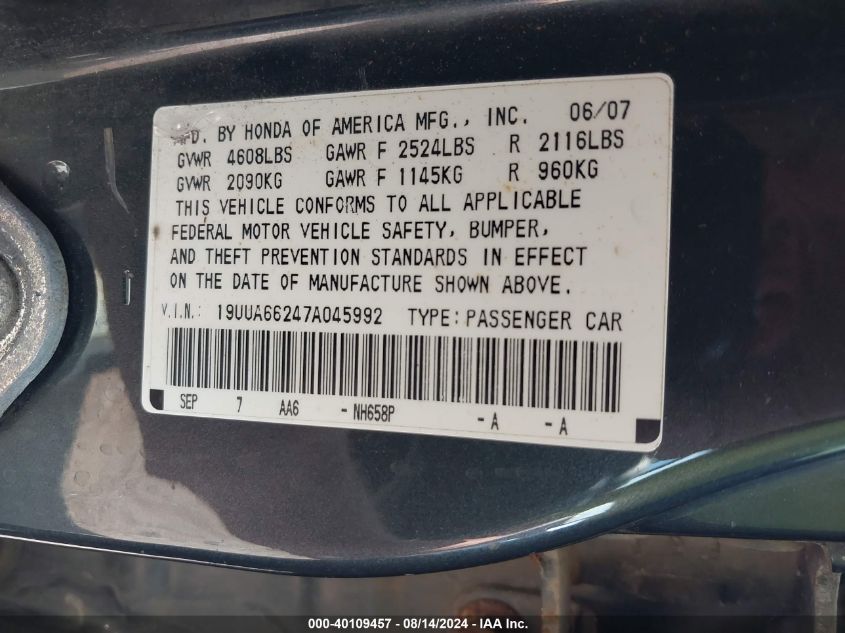 2007 Acura Tl 3.2 VIN: 19UUA66247A045992 Lot: 40109457