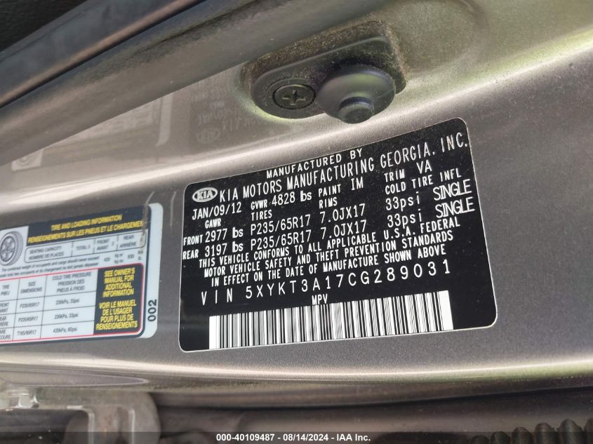 2012 Kia Sorento Lx VIN: 5XYKT3A17CG289031 Lot: 40109487