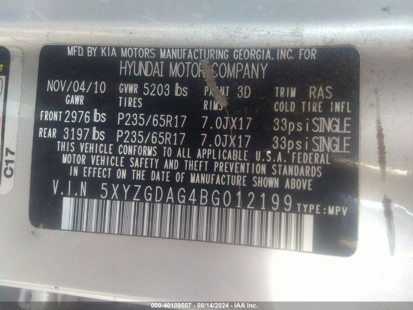 2011 Hyundai Santa Fe Gls V6 VIN: 5XYZGDAG4BG012199 Lot: 40109507