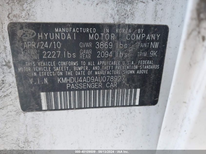 2010 Hyundai Elantra Gls VIN: KMHDU4AD9AU078927 Lot: 40109509