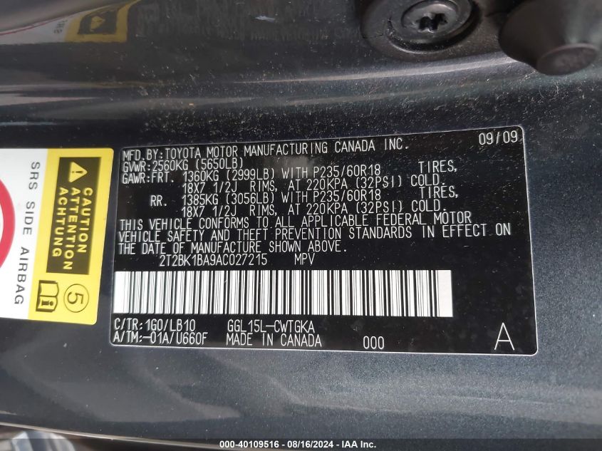 2010 Lexus Rx 350 VIN: 2T2BK1BA9AC027215 Lot: 40109516