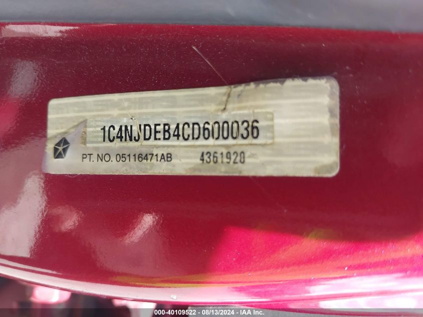 2012 Jeep Compass Latitude VIN: 1C4NJDEB4CD600036 Lot: 40109522