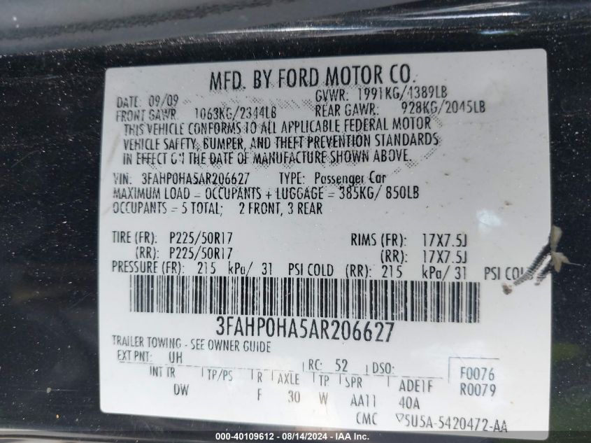 2010 Ford Fusion Se VIN: 3FAHP0HA5AR206627 Lot: 40109612