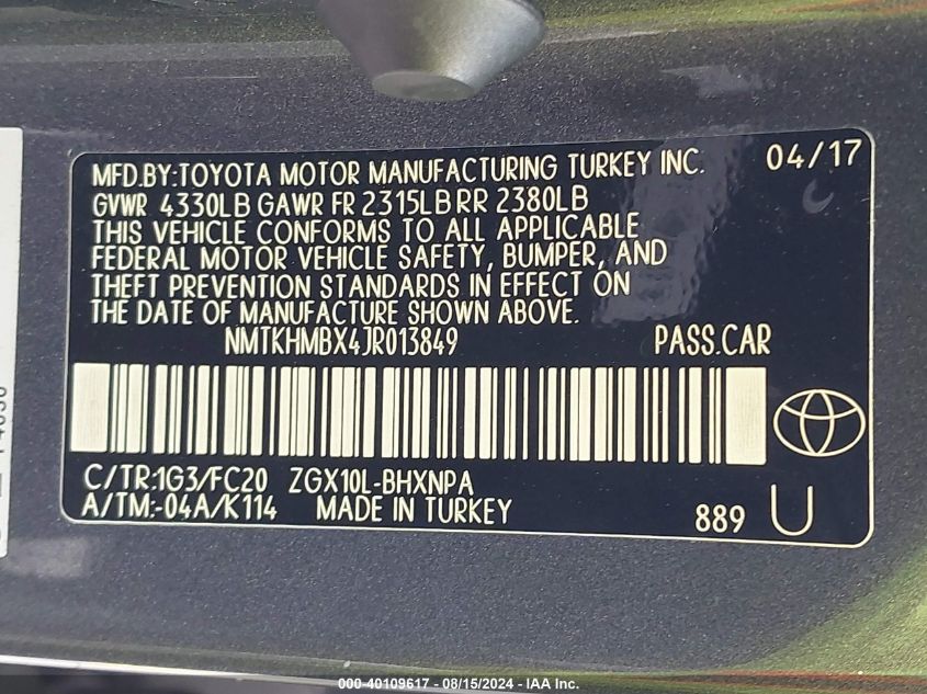 VIN NMTKHMBX4JR013849 2018 TOYOTA C-HR XLE PREMIUM