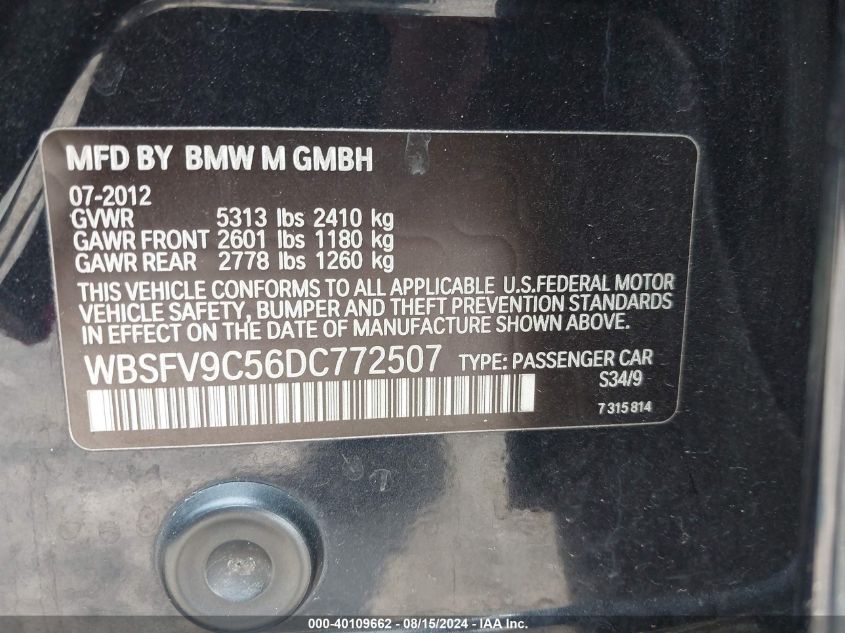 2013 BMW M5 VIN: WBSFV9C56DC772507 Lot: 40109662