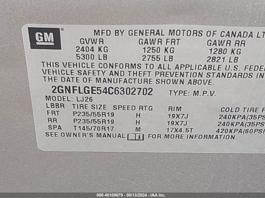 2012 Chevrolet Equinox Ltz VIN: 2GNFLGE54C6302702 Lot: 40109679