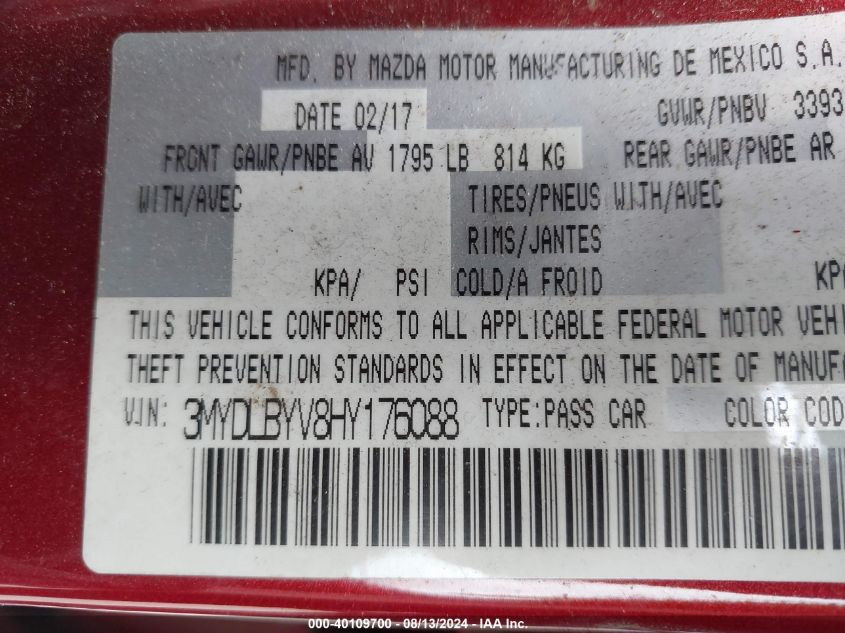 2017 Toyota Yaris Ia VIN: 3MYDLBYV8HY176088 Lot: 40109700