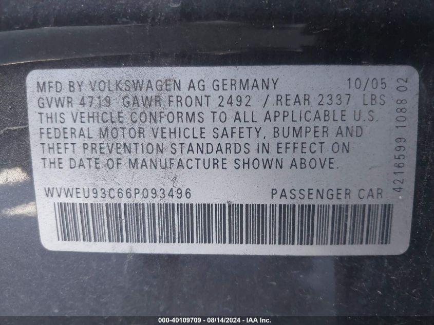 2006 Volkswagen Passat 3.6 VIN: WVWEU93C66P093496 Lot: 40109709
