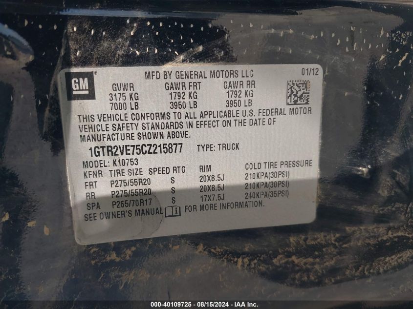 2012 GMC Sierra 1500 Sle VIN: 1GTR2VE75CZ215877 Lot: 40109725