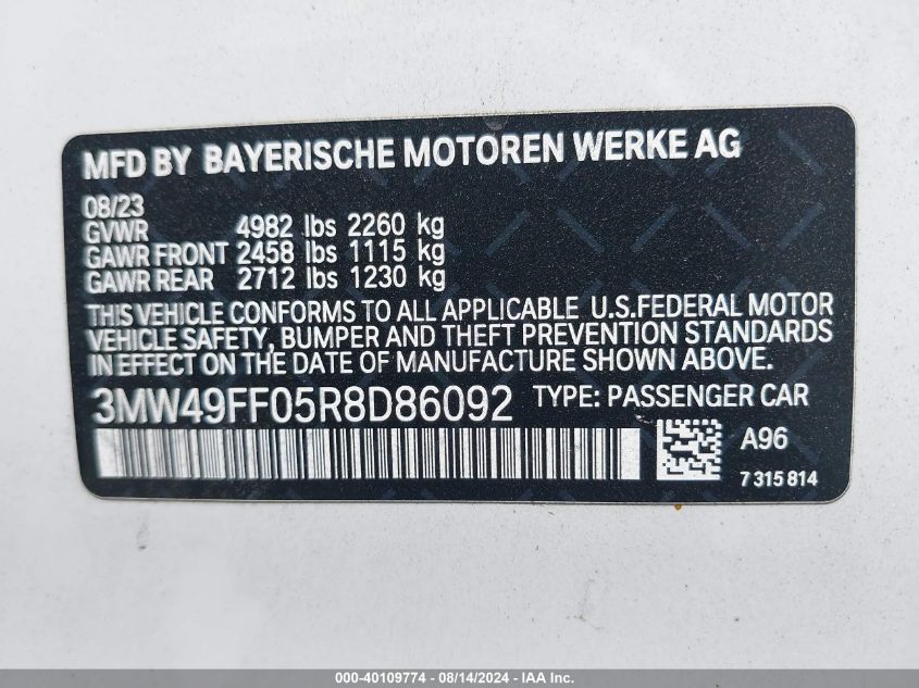 2024 BMW 3 Series M340I xDrive VIN: 3MW49FF05R8D86092 Lot: 40109774