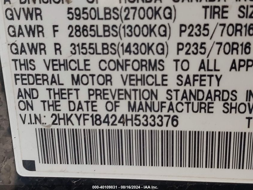 2004 Honda Pilot Ex VIN: 2HKYF18424H533376 Lot: 40109831