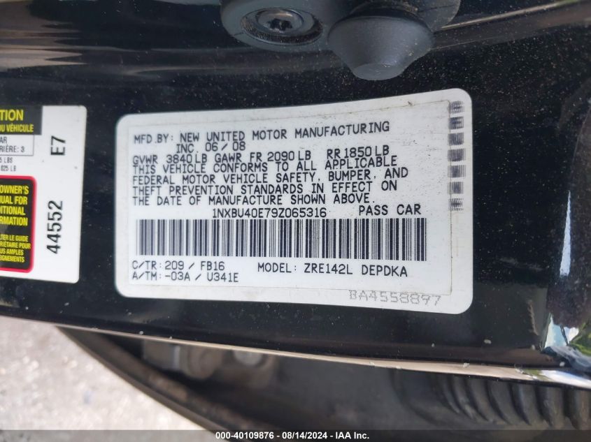 2009 Toyota Corolla Le VIN: 1NXBU40E79Z065316 Lot: 40109876