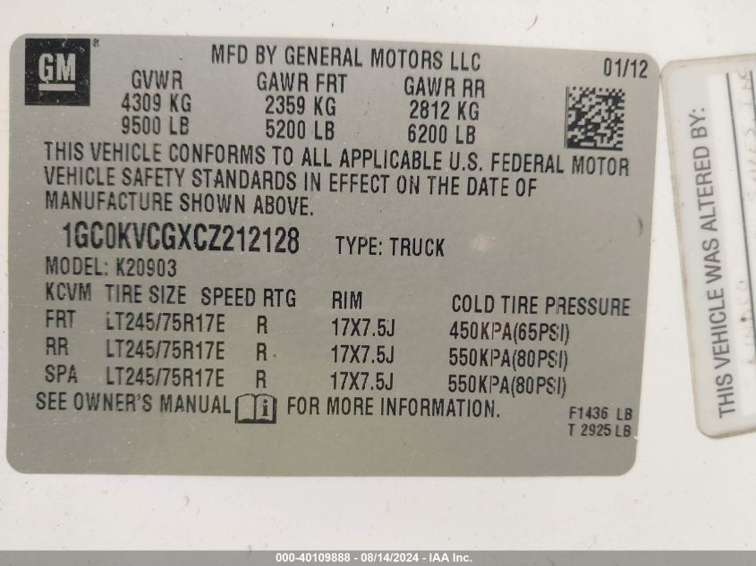 2012 Chevrolet Silverado 2500Hd Work Truck VIN: 1GC0KVCGXCZ212128 Lot: 40109888