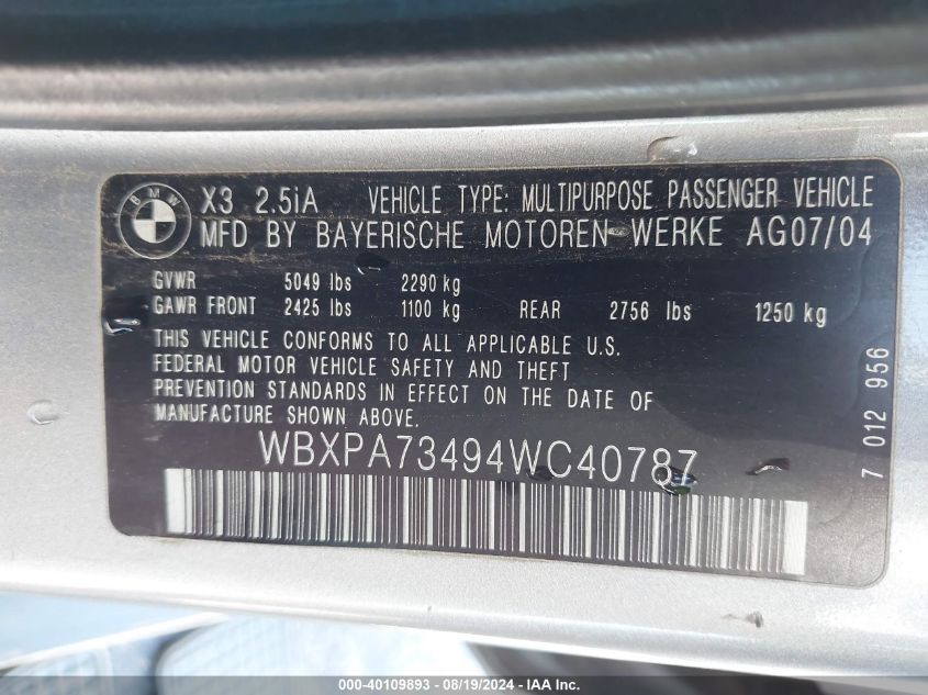 2004 BMW X3 2.5I VIN: WBXPA73494WC40787 Lot: 40109893