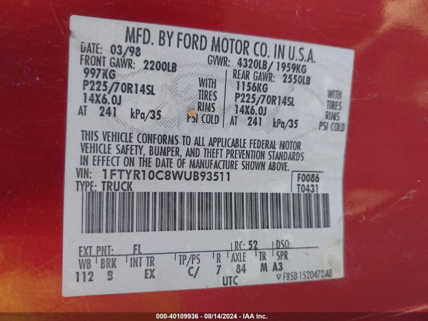 1998 Ford Ranger Splash/Xl/Xlt VIN: 1FTYR10C8WUB82511 Lot: 40109936