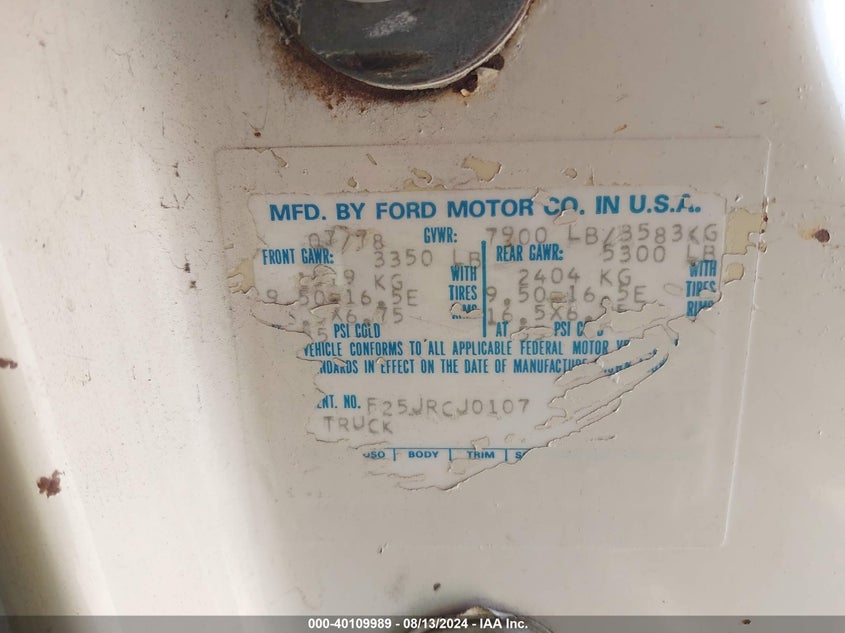 1978 Ford F250 VIN: F25JRCJ0107 Lot: 40109989