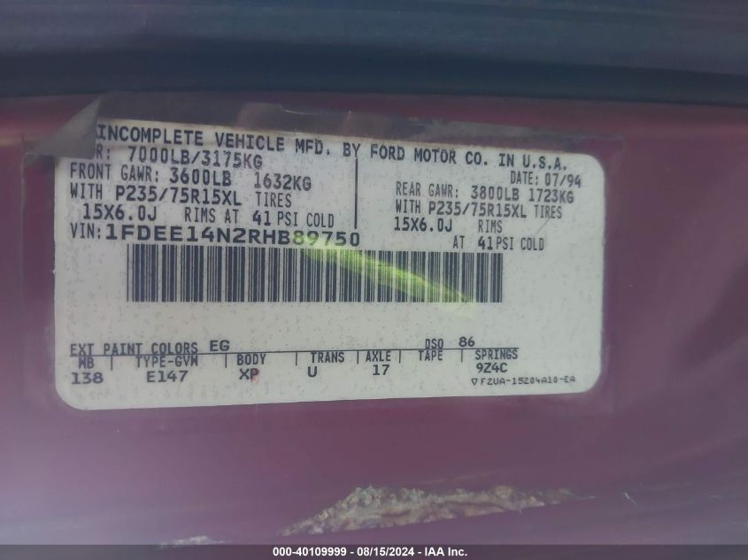 1994 Ford Econoline E150 Van VIN: 1FDEE14N2RHB89750 Lot: 40109999