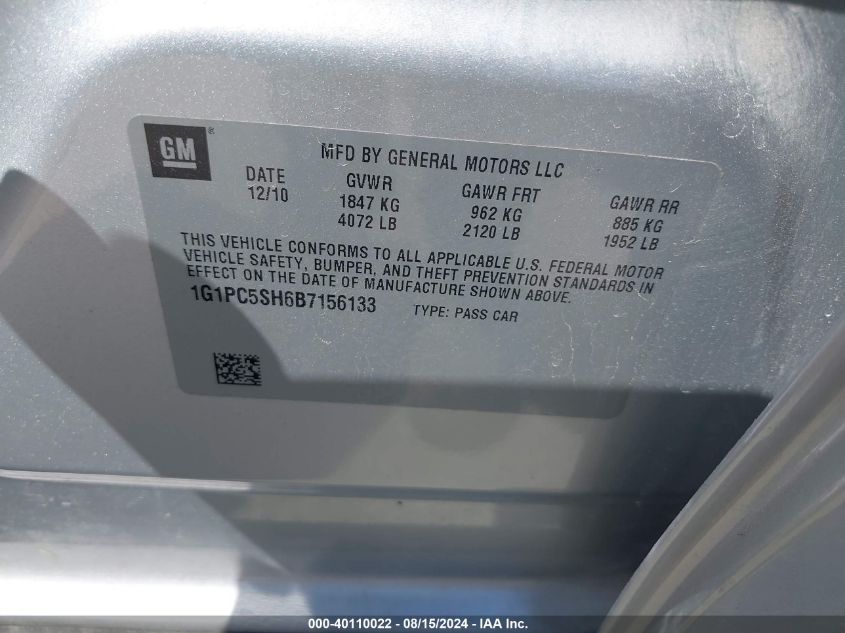 2011 Chevrolet Cruze Ls VIN: 1G1PC5SH6B7156133 Lot: 40110022